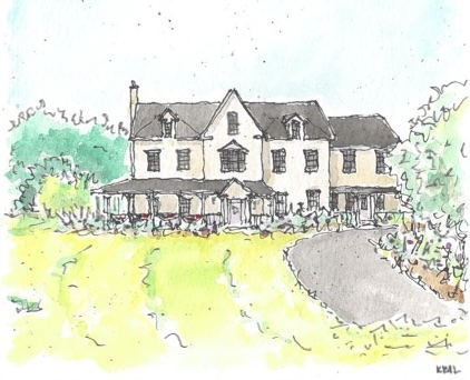 Painting of White Gardenn Inn, main building, created by Joe Keal a frequent guest of WGI.